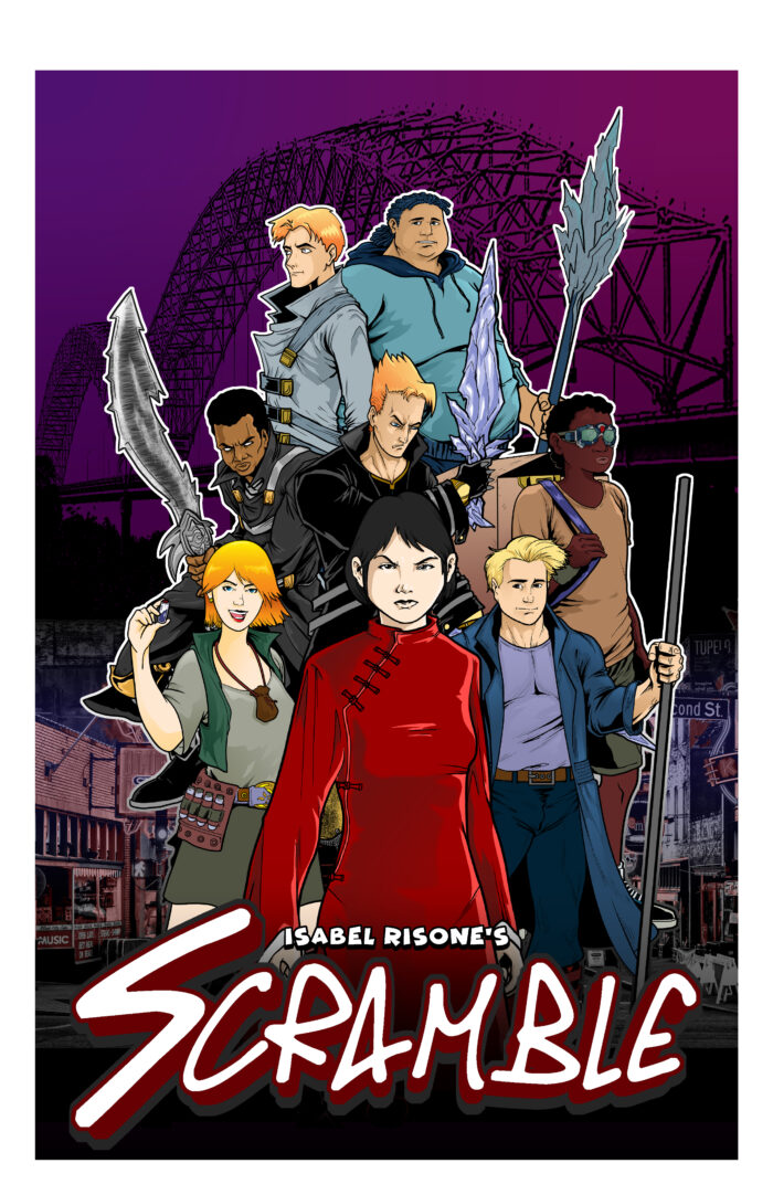 Poster of SCRAMBLE - several teenage characters in costumes with weapons